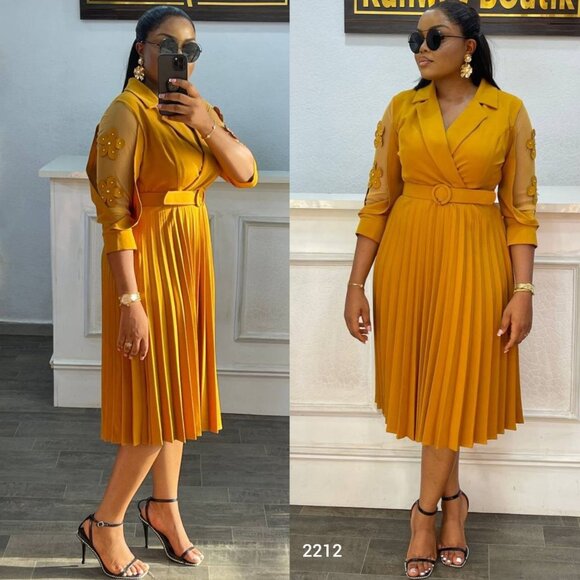 Women's Pleated Midi Dress with Floral Detail & Belt – Size S, M, L, XL - Picture 3 of 5